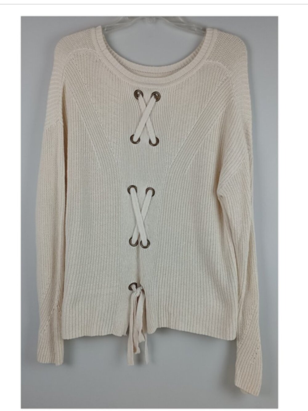 Lucky Brand Womens L Cream Ivory Grommeted Lace Up Back Long Sleeve Sweater
